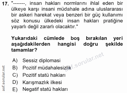 17. soru: "--__, insan hakları normlarını ihlal eden bir ülkeye karşı insani müdahale adına uluslararası bir askeri harekat vey…