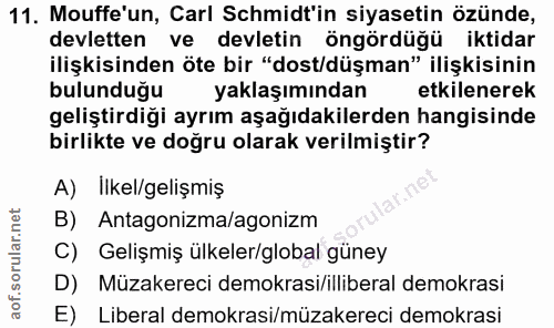 11. soru: Mouffe'un, Carl Schmidt'in siyasetin özünde, devletten ve devletin öngördüğü iktidar ilişkisinden öte bir "dost/düşma…