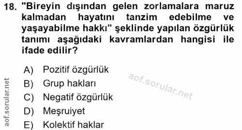 18. soru: "Bireyin dışından gelen zorlamalara maruz kalmadan hayatını tanzim edebilme ve yaşayabilme hakkı" şeklinde yapılan öz…