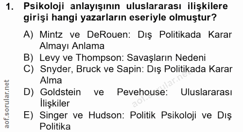 1. soru: Psikoloji anlayışının uluslararası ilişkilere girişi hangi yazarların eseriyle olmuştur? A) Mintz ve DeRouen: Dış Pol…