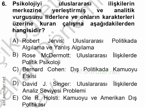 6. soru: Psikolojiyi uluslararası ilişkilerin merkezine yerleştirmiş ve analitik vurgusunu liderlere ve onların karakterleri ü…