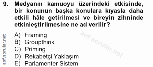 9. soru: Medyanın kamuoyu üzerindeki etkisinde, bir konunun başka konulara kıyasla daha etkili hâle getirilmesi ve bireyin zih…