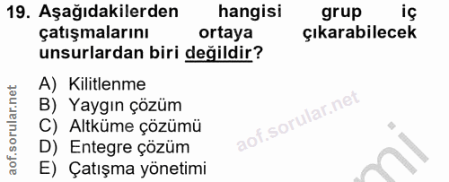 19. soru: Aşağıdakilerden hangisi grup çatışmalarını ortaya çıkarabilecek unsurlardan biri değildir? A) Kilitlenme B) Yaygın çö…