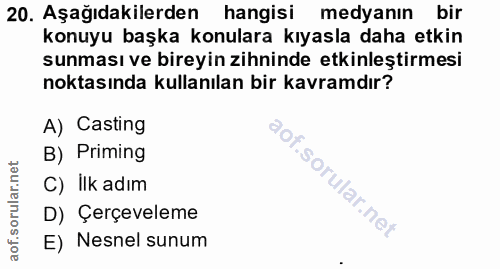 20. soru: Aşağıdakilerden hangisi medyanın bir konuyu başka konulara kıyasla daha etkin sunması ve bireyin zihninde etkinleştir…