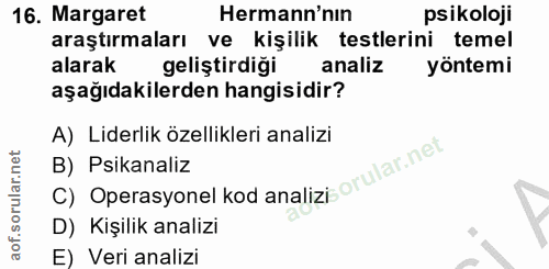 16. soru: Margaret Hermann'nın psikoloji araştırmaları ve kişilik testlerini temel alarak geliştirdiği analiz yöntemi aşağıdaki…