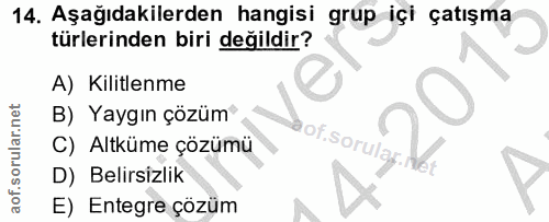 14. soru: Aşağıdakilerden hangisi grup içi çatışma türlerinden biri değildir? A) Kilitlenme B) Yaygın çözüm C) Altküme çözümü D…