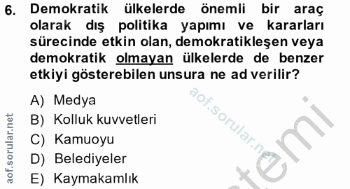 6. soru: Demokratik ülkelerde önemli bir araç olarak dış politika yapımı ve kararları sürecinde etkin olan, demokratikleşen ve…