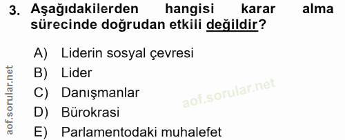 3. soru: Aşağıdakilerden hangisi karar alma sürecinde doğrudan etkili değildir? A) Liderin sosyal çevresi B) Lider C) Danışman…