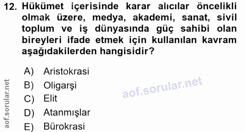 12. soru: Hükümet içerisinde karar alıcılar öncelikli olmak üzere, medya, akademi, sanat, sivil toplum ve iş dünyasında güç sah…