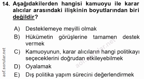 14. soru: Aşağıdakilerden hangisi kamuoyu ile karar alıcılar arasındaki ilişkinin boyutlarından biri değildir? A) Desteklemeye…