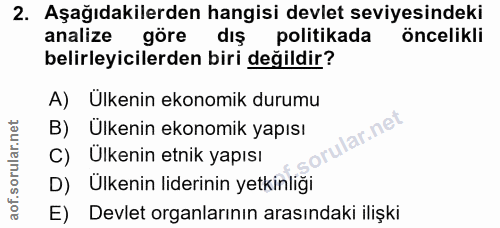 2. soru: Aşağıdakilerden hangisi devlet seviyesindeki analize göre dış politikada öncelikli belirleyicilerden biri değildir? A…
