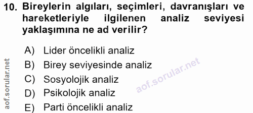 10. soru: Bireylerin algıları, seçimleri, davranışları ve hareketleriyle ilgilenen analiz seviyesi yaklaşımına ne ad verilir? A…