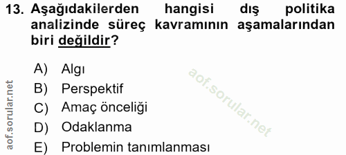13. soru: Aşağıdakilerden hangisi dış politika analizinde süreç kavramının aşamalarından biri değildir? A) Algı B) Perspektif C…