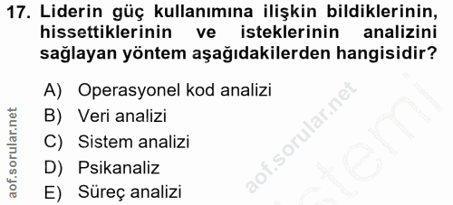 17. soru: Liderin güç kullanımına ilişkin bildiklerinin, hissettiklerinin ve isteklerinin analizini sağlayan yöntem aşağıdakile…
