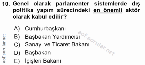 10. soru: Genel olarak parlamenter sistemlerde dış politika yapım sürecindeki en önemli aktör olarak kabul edilir? A) Cumhurbaş…