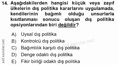 14. soru: Aşağıdakilerden hangisi küçük veya zayıf ülkelerin dış politika kararlarını uygulamada, kendilerinin bağımlı olduğu u…