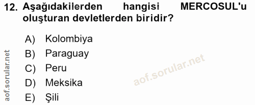 12. soru: Aşağıdakilerden hangisi MERCOSUL'u oluşturan devletlerden biridir? A) Kolombiya B) Paraguay Peru D) Meksika E) Şili