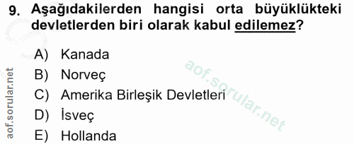 9. soru: Aşağıdakilerden hangisi orta büyüklükteki devletlerden biri olarak kabul edilemez? A) Kanada B) Norveç C) Amerika Bir…