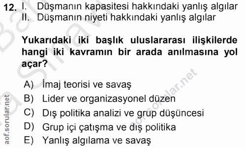 12. soru: I. Düşmanın kapasitesi hakkındaki yanlış algılar II. Düşmanın niyeti hakkındaki yanlış algılar Yukarıdaki iki başlık…