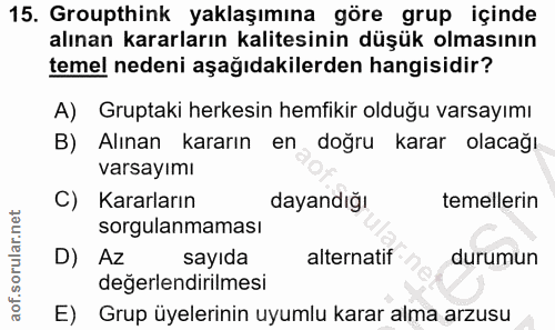 15. soru: Groupthink yaklaşımına göre grup içinde alınan kararların kalitesinin düşük olmasının temel nedeni aşağıdakilerden ha…