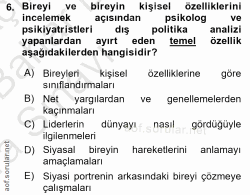 6. soru: Bireyi ve bireyin kişisel özelliklerini incelemek açısından psikolog ve psikiyatristleri dış politika analizi yapanla…