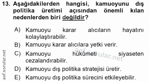 13. soru: Aşağıdakilerden hangisi, kamuoyunu dış politika üretimi açısından önemli kılan nedenlerden biri değildir? A) Kamuoyu…