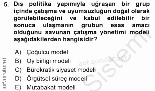 5. soru: Dış politika yapımıyla uğraşan bir grup içinde çatışma ve uyumsuzluğun doğal olarak görülebileceğini ve kabul edilebi…