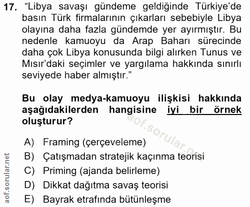 17. soru: "Libya savaşı gündeme geldiğinde Türkiye'de basın Türk firmalarının çıkarları sebebiyle Libya olayına daha fazla günd…