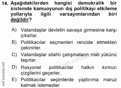 14. soru: Aşağıdakilerden hangisi demokratik bir sistemde kamuoyunun dış politikayı etkileme yollarıyla ilgili varsayımlarından…