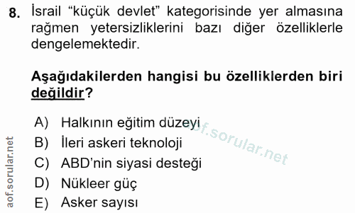 8. soru: Israil "küçük devlet" kategorisinde yer almasına rağmen yetersizliklerini bazı diğer özelliklerle dengelemektedir. Aş…