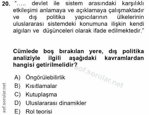20. soru: " ..... devlet ile sistem arasındaki karşılıklı etkileşimi anlamaya ve açıklamaya çalışmaktadır ve dış politika yapıc…