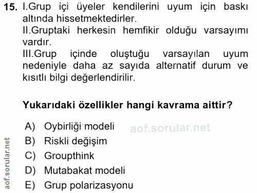 15. soru: I.Grup içi üyeler kendilerini uyum için baskı altında hissetmektedirler. II.Gruptaki herkesin hemfikir olduğu varsayı…