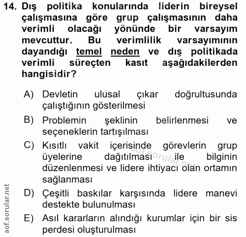 14. soru: Dış politika konularında liderin bireysel çalışmasına göre grup çalışmasının daha verimli olacağı yönünde bir varsayı…