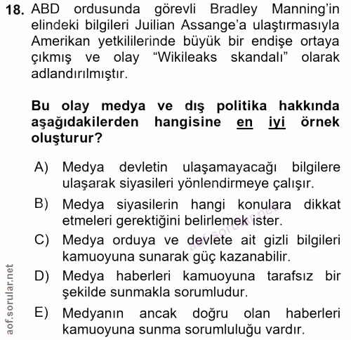 18. soru: ABD ordusunda görevli Bradley Manning'in elindeki bilgileri Juilian Assange'a ulaştırmasıyla Amerikan yetkililerinde…