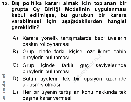 13. soru: Dış politika kararı almak için toplanan bir grupta Oy Birligi Modelinin uygulanması kabul edilmişse, bu gurubun bir k…