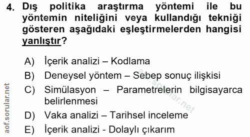 4. soru: Dış politika araştırma yöntemi ile bu yöntemin niteliğini veya kullandığı tekniği gösteren aşağıdaki eşleştirmelerden…