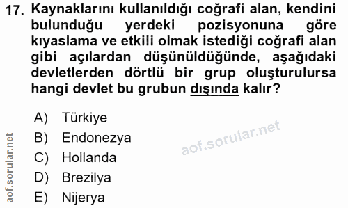 17. soru: Kaynaklarını kullanıldığı coğrafi alan, kendini bulunduğu yerdeki pozisyonuna göre kıyaslama ve etkili olmak istediği…
