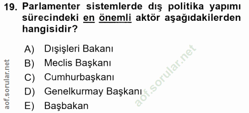 19. soru: Parlamenter sistemlerde dış politika yapımı sürecindeki en önemli aktör aşağıdakilerden hangisidir? A) Dışişleri Baka…