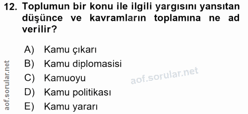 12. soru: Toplumun bir konu ile ilgili yargısını yansıtan düşünce ve kavramların toplamına ne ad verilir? A) Kamu çıkarı B) Kam…