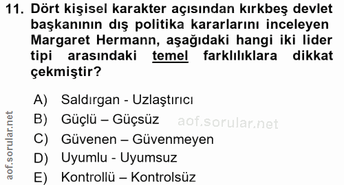 11. soru: Dört kişisel karakter açısından kırkbeş devlet başkanının dış politika kararlarını inceleyen Margaret Hermann, aşağıd…