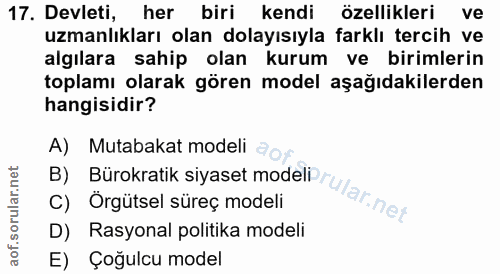 17. soru: Devleti, her biri kendi özellikleri ve uzmanlıkları olan dolayısıyla farklı tercih ve algılara sahip olan kurum ve bi…