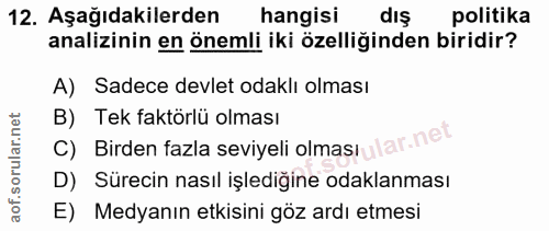 12. soru: Aşağıdakilerden hangisi dış politika analizinin en önemli iki özelliğinden biridir? A) Sadece devlet odaklı olması C)…