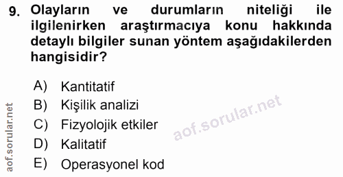 9. soru: Olayların ve durumların niteliği ile ilgilenirken araştırmacıya konu hakkında detaylı bilgiler sunan yöntem aşağıdaki…
