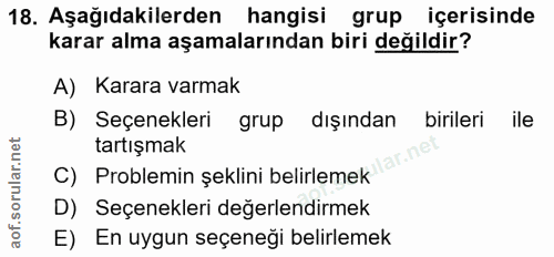 18. soru: Aşağıdakilerden hangisi grup içerisinde karar alma aşamalarından biri değildir? A) Karara varmak B) Seçenekleri grup…