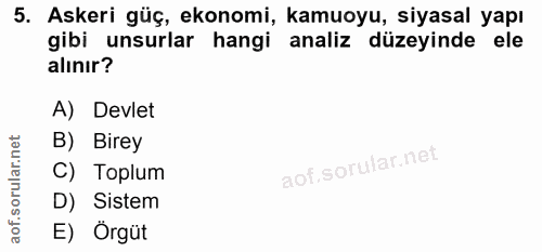5. soru: Askeri güç, ekonomi, kamuoyu, siyasal yapı gibi unsurlar hangi analiz düzeyinde ele alınır? A) Devlet B) Birey C) Top…