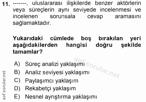 11. soru: —, uluslararası ilişkilerde benzer aktörlerin veya süreçlerin aynı seviyede incelenmesi ve incelenen sorunsala cevap…