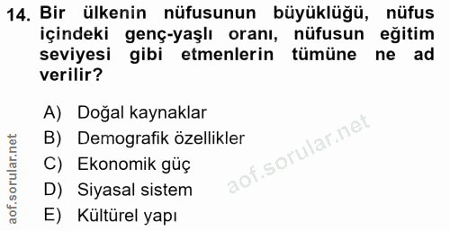 14. soru: Bir ülkenin nüfusunun büyüklüğü, nüfus içindeki genç-yaşlı oranı, nüfusun eğitim seviyesi gibi etmenlerin tümüne ne a…