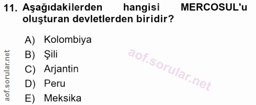 11. soru: Aşağıdakilerden hangisi MERCOSUL'u oluşturan devletlerden biridir? A) Kolombiya B) Şili C) Arjantin D) Peru E) Meksika