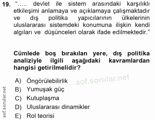 19. soru: ".... devlet ile sistem arasındaki karşılıklı etkileşimi anlamaya ve açıklamaya çalışmaktadır ve dış politika yapıcıl…