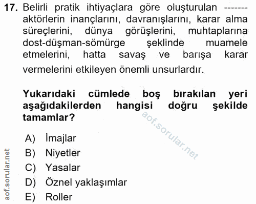 17. soru: Belirli pratik ihtiyaçlara göre oluşturulan —- aktörlerin inançlarını, davranışlarını, karar alma süreçlerini, dünya…